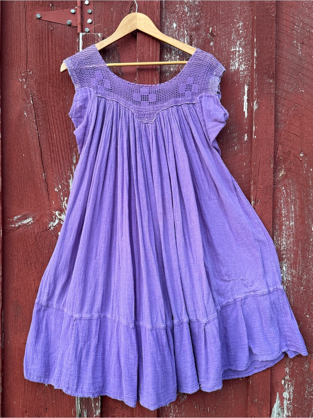vintage 70s purple cotton gauze dress  crochet lace neckline, tiered ruffle hem,